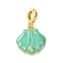Бирюза Латунные эмалированные европейские подвески с подвесками, подвески в форме ракушки с большим отверстием и прозрачными кубическими цирконами, долговечный, стойки покрытие, без кадмия и без свинца, реальный 18 k позолоченный, бирюзовые, 30 мм, отверстие : 5.5 мм