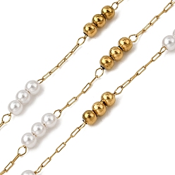 Настоящее золото 18K Ручная работа 304 цепочки из нержавеющей стали и АБС-пластика с круглыми звеньями, украшенные жемчужными бусинами, пайки, с 316 цепями и катушкой из нержавеющей стали, ионное покрытие (ip), реальный 18 k позолоченный, бусины : 3 мм