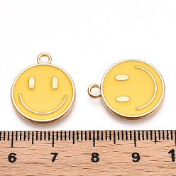 Light Gold Light Gold Tone Alloy Enamel Pendants, Flat Round with Smiling Face Charms, Light Gold, 19x16x1.5mm, Hole: 1.8mm