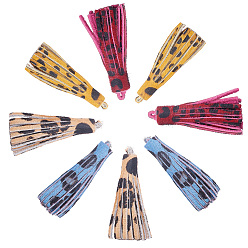 Mixed Color Eco-Friendly Cowhide Leather Tassel Big Pendants, Leopard Print Pattern, Mixed Color, 59x9mm, Hole: 1.5mm, 2pcs/color, 8pcs/set