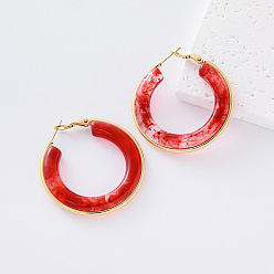 Red 304 Stainless Steel Resin Hoop Earrings for Women, Round, Golden, Red, 40x40mm