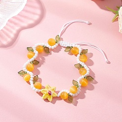 Желтый Плетеные браслеты из бусин ручной работы из фарфора, кошачьего глаза и акрила, регулируемый плетеный нейлоновый браслет для женщин, желтые, внутренний диаметр: 2-1/4~2-3/4 дюйм (5.6~7 см)