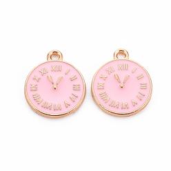 Pink Clock Alloy Enamel Pendants, Pink, 17x14.5x1.5mm, Hole: 1.5mm