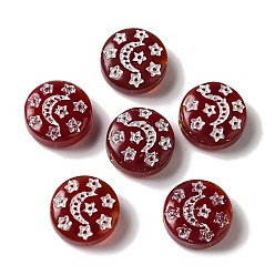 Темно-Красный Прозрачные бусины лэмпворк, плоский круглый с луной и звездами, темно-красный, 13x5 мм, отверстие : 1 мм, Около 70~82 шт / 100 г