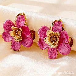 Фуксиновый Серьги-гвоздики из сплава и эмали, цветок, золотые, красно-фиолетовые, 65x57 мм