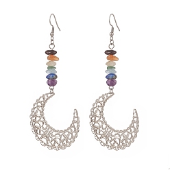 Mixed Stone Natural Mixed Gemstone Chips Dangle Earrings, Moon 304 Stainless Steel Earrings for Women, 97.5mm, Pin: 0.6mm