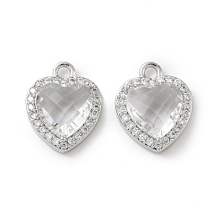 Прозрачный Латунные микро проложить кубического циркония подвески, сердце прелести, Реальная платина, прозрачные, 13.5x11x5 мм, отверстие : 1.6 мм