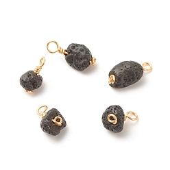 Lava Rock Luster Natural Lava Rock Charms, with Golden Tone Brass Wire Wrapped, Nuggets, 10~14x6~7x5~6mm, Hole: 1.5~2.3mm