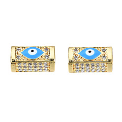 Deep Sky Blue Brass Micro Pave Cubic Zirconia Beads, with Enamel, Real 18K Gold Plated, Rectangle with Evil Eye, Nickel Free, Deep Sky Blue, 14x8x7mm, Hole: 3.5mm