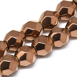 Copper Plated Electroplate Non-magnetic Synthetic Hematite Beads Strands, Faceted Round, Copper Plated, 9x10x9mm, Hole: 1mm, about 43pcs/strand, 15.7 inch