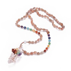 Солнечный Камень Кулон из натурального солнечного камня, с природными смешанных каменных бус, природные кристаллы кварца и латунь, дерево, 18.11 дюйм (46 см)