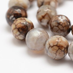 Khaki Faceted Natural Fire Crackle Agate Beads Strands, Round, Dyed & Heated, Khaki, 12mm, Hole: 1.5mm,about 30~32pcs/strand, 14 inch(35.6cm)