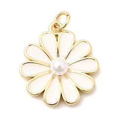 Настоящее золото 18K Латунные подвески, с эмалью и абс пластика имитация жемчуга, , без кадмия и без свинца, долговечный, стойки покрытие, реальный 18 k позолоченный, 19.5x18x5 мм, отверстие : 3.3 мм