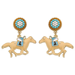 Светло-Голубой Серьги-гвоздики с эмалевым покрытием в виде лошади, со стеклянным бисером, золотые, Небесно-голубой, 49x40 мм