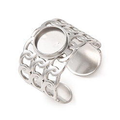 Stainless Steel Color 304 Stainless Steel Cable Chain Cuff Ring Components, Round Pad Ring Setting, Stainless Steel Color, 14mm,18mm, Tray Size: 8mm