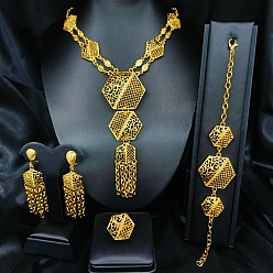 Шестиугольник Комплекты из латунных браслетов, серег, ожерелий и колец, золотые, шестиугольник, ожерелья: 17.72 дюйм(450мм); браслеты: 210мм; серьги: 4x2мм; кольца: регулируемые