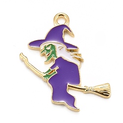 Сине-фиолетовый Эмалевые панданы на хэллоуин, золотой свет, ведьма, синий фиолетовый, 24x20x1.5 мм, отверстие : 1.6 мм