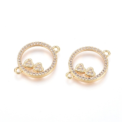 Golden Brass Micro Pave Clear Cubic Zirconia Links connectors, Long-Lasting Plated, Flat Round with Heart, Golden, 22x16.5x2.5mm, Hole: 1.5mm