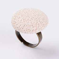 White Adjustable Flat Round Lava Rock Rings, with Platinum Plated Brass Findings, White, Antique Bronze,  Inner Diameter: 19mm