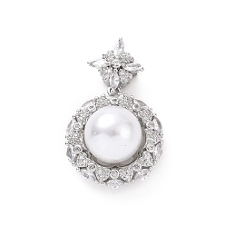 Platinum Eco-friendly Rack Plating Brass Micro Pave Cubic Zirconia Pendants, with ABS Platic Imitation Pearls, Cadmium Free & Lead Free, Long-Lasting Plated, Flower Charm, Platinum, 32.5x20x13mm, Hole: 2.5x5mm