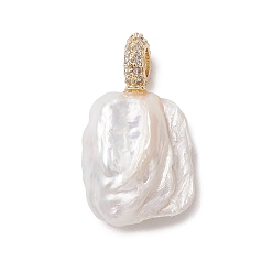 Rectangle Подвески из натурального барочного жемчуга кеши, подвеска с микропаве из прозрачных кубических цирконий, золотые, цветочный белый, прямоугольник амулеты, 27x15.5x9 мм, отверстие : 3 мм