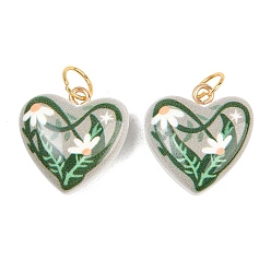 Сердце Печатные подвески из непрозрачного акрила, с петлями из нержавеющей стали, золотые, сердце прелести, 21x20x9 мм, Перейти кольцо: 7x0.7 мм, внутренний диаметр: 5.7 мм