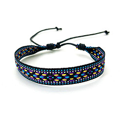 Black Bohemia Polyester Braided Flat Cord Bracelet, Adjustable Bracelet for Women, Black, 6-1/2~9-7/8 inch(16.5~25cm)