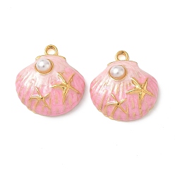 Pink 304 нержавеющей стальной эмали подвески, с пластмассовой жемчужиной abs, в форме ракушки с подвесками в виде морских звезд, реальный 18 k позолоченный, вакуумное покрытие pvd, розовые, 20x18.5x6 мм, отверстие : 2 мм