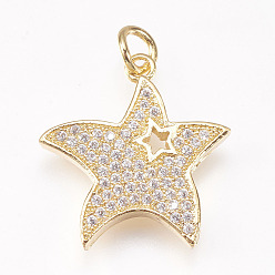 Golden Brass Micro Pave Cubic Zirconia Pendants, Star, Golden, 20x19x2.5mm, Hole: 3mm