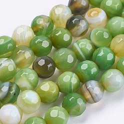 Желто-Зеленый Натуральные полосатые агатовые / полосатые агатовые бусинки, круглые, граненые, окрашенные, желто-зеленый, 6 мм, отверстие : 1 мм, около 62 шт / нитка, 14.5 дюйм (37 см)