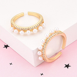 Настоящее золото 18K Латунные кольца-манжеты с микропаве и прозрачным цирконием для женщин, без кадмия и без свинца, с круглыми бусинами из искусственного жемчуга ABS, реальный 18 k позолоченный, 5 мм, внутренний диаметр: 17.1 мм