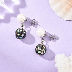 Stainless Steel Color 304 Stainless Steel Stud Earrings, Round, Abalone Shell Beads and Shell Pearls Beads Dangle Earrings, Stainless Steel Color, 25x10.5mm