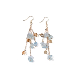 Aquamarine Golden Plated Brass Dangle Earrings, with Natural Aquamarine Chips, Jewely for Women, 80~84mm