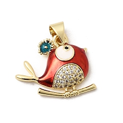 Красный Латунные микро проложить кубического циркония подвески, с эмалью, долговечный, стойки покрытие, без свинца и без кадмия, амулеты птиц, реальный 18 k позолоченный, красные, 15.5x19x4 мм, отверстие : 4.5x3.5 мм