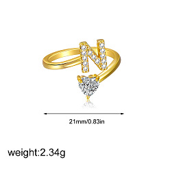 Letter N Латунные кольца-манжеты с микропаве из прозрачных кубических цирконий, сердце, золотые, Письмо N, 21 мм