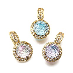 (52) Непрозрачная лаванда Латунные микро проложить кубического циркония подвески, плоские круглые прелести, реальный 18 k позолоченный, разноцветные, 19x11x10 мм, отверстие : 5.5x3.5 мм
