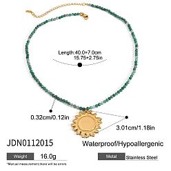 Зеленый Авантюрин 304 подвеска в виде солнца из нержавеющей стали с натуральным зеленым авантюрином, ожерелье из граненых круглых бусин, золотые, 15.75 дюйм (40 см), Кулон : 30.1 мм