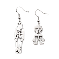Stainless Steel Color Non-Tarnish 304 Stainless Steel Dangle Earrings, Skull, Stainless Steel Color, 45~60x11.5~14.5mm