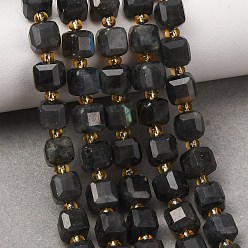 Labradorite Natural Labradorite Beads Strands, Faceted Table Cut Cube Beads, with Seed Beads, 6~7.5x6~7.5x6~7.5mm, Hole: 0.8~1mm, about 44~46pcs/strand, 14.37~15.35''(36.5~39cm)