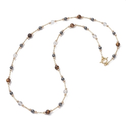 Золотой Круглые бусины из синтетического немагнитного гематита, кварца, натурального тигрового глаза и стеклянного витого стекляруса, золотые, 31.97 дюйм (81.2 см)