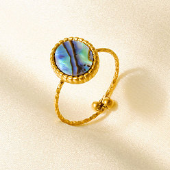 Настоящее золото 18K 304 Открытые кольца-манжеты из нержавеющей стали с натуральными ракушками для женщин, овальные, реальный 18 k позолоченный, 12 мм, внутренний диаметр: 17 мм