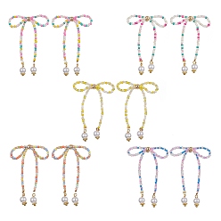 Mixed Color Seed Beaded Bowknot Dangle Stud Earrings with ABS Plastic Pearl Beaded, Brass Earrings, Mixed Color, 55x38mm