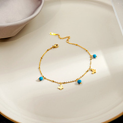 Бабочка 304 браслеты на ногу из нержавеющей стали и круглой синтетической бирюзы, золотые, бабочка, 7-7/8 дюйм (200 мм)