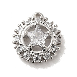 Platinum Brass Micro Pave Clear Cubic Zirconia Pendants, Flat Round with Star, Platinum, 10x9x3.5mm, Hole: 0.8mm