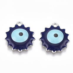 Midnight Blue Alloy Pendants, with Enamel, Flower with Evil Eye, Platinum, Midnight Blue, 21x19x4.5mm, Hole: 1.8mm