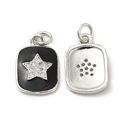 Black Brass Micro Pave Cubic Zirconia Pendants, with Enamel & Jump Ring, Rectangle with Star Charm, Platinum, Black, 16x11x2mm, Hole: 2.5mm