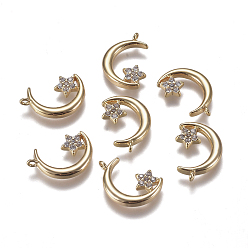 Настоящее золото 18K Латунные микропаве прозрачные кубические циркониевые подвески, Луна и звезды, реальный 18 k позолоченный, 13x9x1.5 мм, отверстие : 0.9 мм