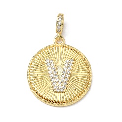 Letter V Латунные микропаве прозрачные подвески с фианитом, плоский круглый с подвесками в виде букв, без свинца и без кадмия, долговечный, стойки покрытие, реальный 18 k позолоченный, Буква V, 24.5x21.5x2.5 мм, отверстие : 4.5x3.5 мм