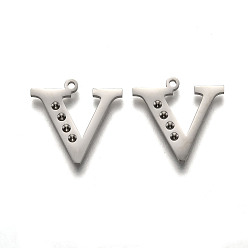 Letter V Anlaufgeschützt 304 Buchstabenanhänger aus Edelstahl mit Strass-Fassungen, letter.v, 16.5x17.5x1.5 mm, Bohrung: 1.2 mm, Passform von: 1.6mm Strass