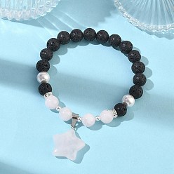 Звезда Браслеты с подвесками из натурального мадагаскарского розового кварца, лавовой породы и жемчуга из ракушек., круглые браслеты из бисера для женщин, С немагнитным синтетическим гематитом, звезда, внутренний диаметр: 1.97 дюйм (5 см)